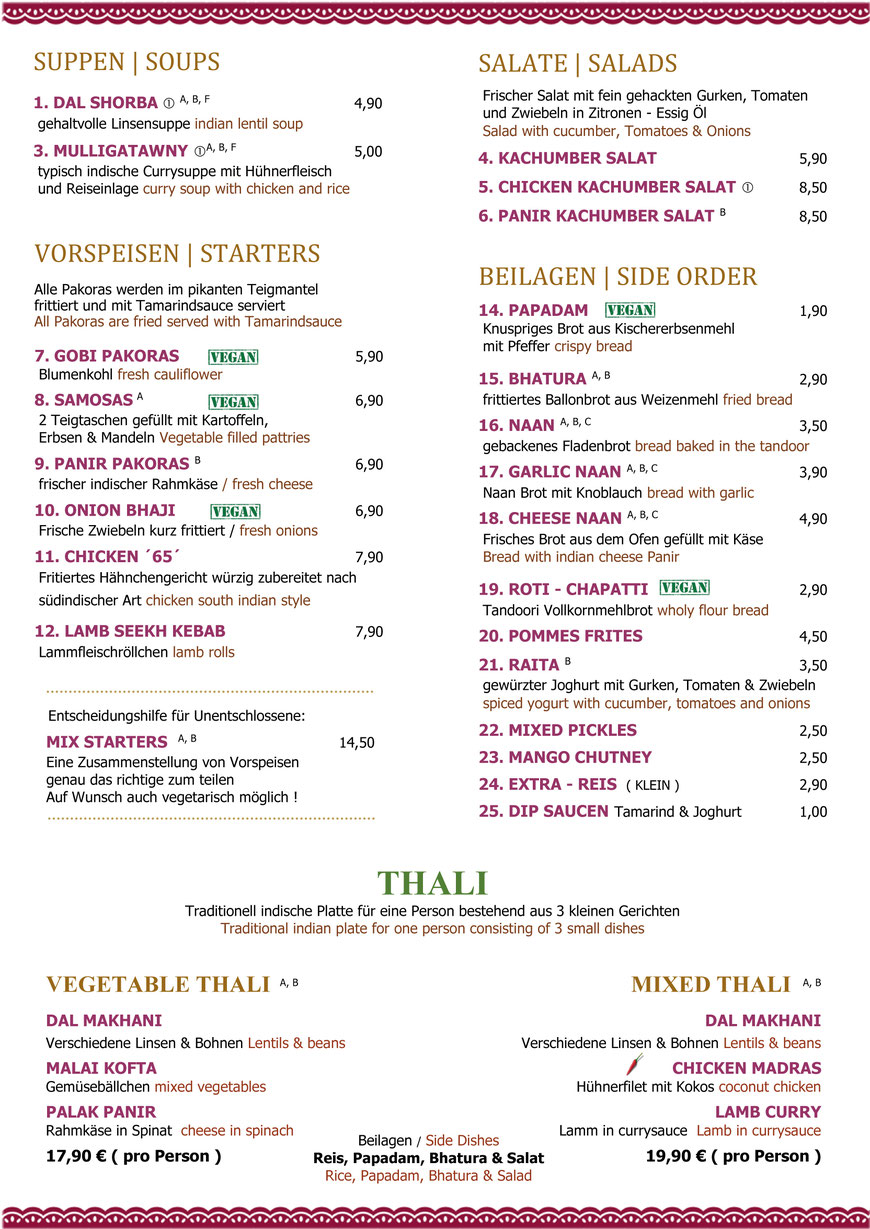 Thali mit Samosas, Pakoras, Naan, Bhatura